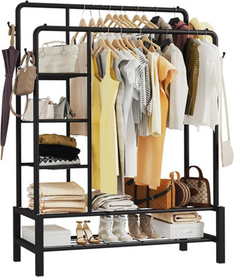 Heavy Duty Dual Metal Clothes Rail Stand with Shelves Hanging Storage Shelf Bedroom Garment Rack