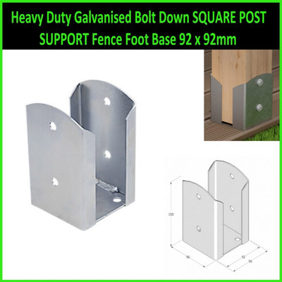 Heavy Duty Galvanised Bolt Down SQUARE POST SUPPORT Fence Foot Base 92x92mm
