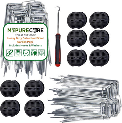 Heavy Duty Galvanised Steel Garden Pegs - 50 Pack U-Shaped Ground Staples Includes Hooks & Washers