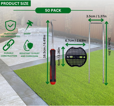 Heavy Duty Galvanised Steel Garden Pegs - 50 Pack U-Shaped Ground Staples Includes Hooks & Washers