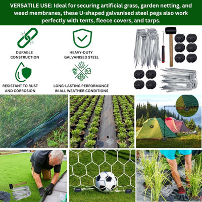 Heavy Duty Galvanised Steel Garden Pegs - 50 Pack U-Shaped Ground Staples Includes Hooks & Washers - 3