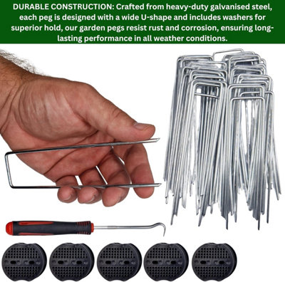 Heavy Duty Galvanised Steel Garden Pegs - 50 Pack U-Shaped Ground Staples Includes Hooks & Washers - 4