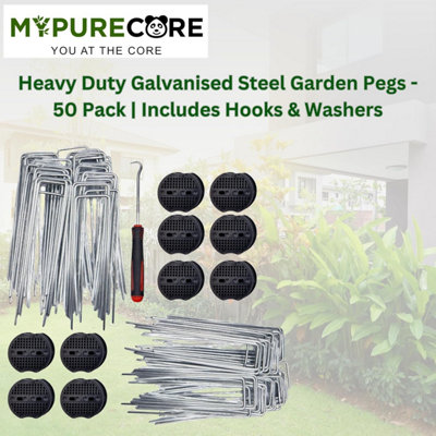 Heavy Duty Galvanised Steel Garden Pegs - 50 Pack U-Shaped Ground Staples Includes Hooks & Washers - 7