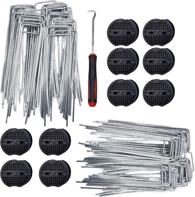 Heavy Duty Galvanised Steel Garden Pegs - 50 Pack U-Shaped Ground Staples Includes Hooks & Washers - 8