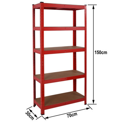 Heavy Duty Garage Shelving Unit - 5 MDF Shelves - 875 kg Max Load Units - Red - 30 x 70 x 150 (cm)