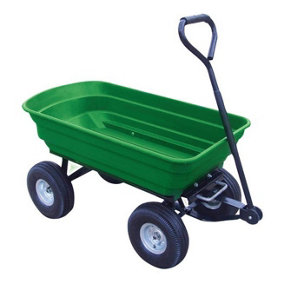 Heavy Duty Garden Dump Cart with 300kg Capacity and Puncture Proof Wheels, Large Easy-Tip Plastic Tray, Long Loop Handle, Green