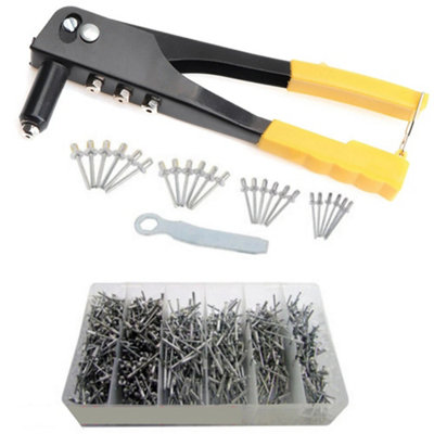HEAVY DUTY HAND RIVET GUN 4 HEAD NOZZLE RIVETER PLUS 1000 ASSORTED POP ...
