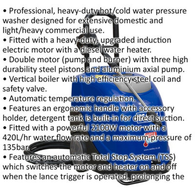 Heavy Duty Hot & Cold Pressure Washer - Diesel Water Heater - 2100W Motor