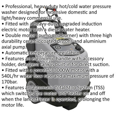 Heavy Duty Hot & Cold Pressure Washer - Diesel Water Heater - 3000W Motor