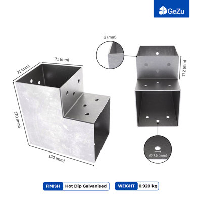 Heavy Duty Hot Dip Galvanised Pergola L Shape Post Connector - 71 x 71 mm