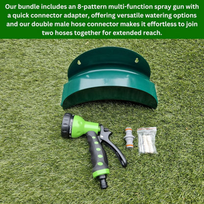 Heavy-Duty Metal Garden Hose Hanger Set with 8-Pattern Spray Gun & Double Male Hose Connector - Rustproof Wall-Mounted Storage.