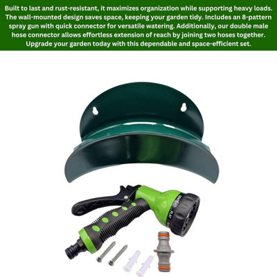 Heavy-Duty Metal Garden Hose Hanger Set with 8-Pattern Spray Gun & Double Male Hose Connector - Rustproof Wall-Mounted Storage. - 5