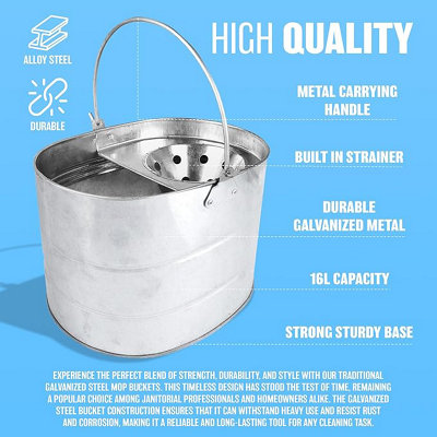Heavy Duty Metal Mop Bucket Galvanised Strong 16 Litre Capacity ...