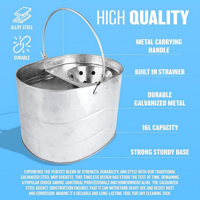 Heavy Duty Metal Mop Bucket - Galvanised Strong 16 Litre Capacity Reinforced Heavy Duty Thick Metal Steel