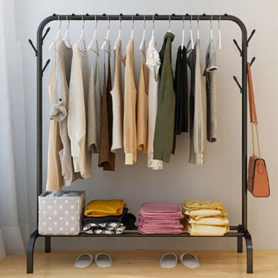 Heavy Duty Metal Single Rail Clothes Garment Hanging Rack Shelf Stand BLACK