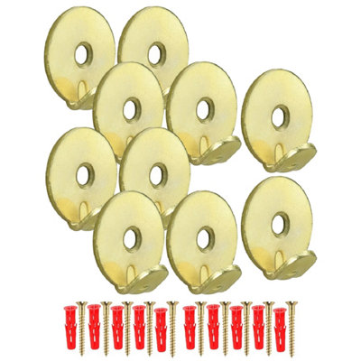 Heavy Duty Round Brass Picture Hooks 25mm (10 Pack) Includes Screws & Wall Plugs for Secure Hanging up to 40kg