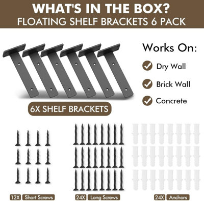 6-Pack Hidden Floating Shelf Brackets – Heavy Duty, 12x120mm, Supports 45 Lbs, Invisible Mount