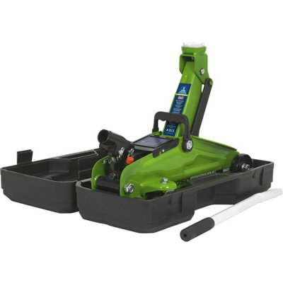 Heavy-Duty Short Chassis Trolley Jack with 2000kg Capacity and 322mm Max Height in Green Case