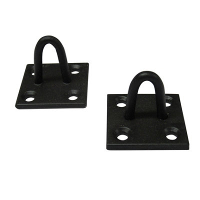 Heavy Duty Staple On Plates X2 Black (Chain Wire Rope Pad Eye Steel Wall Anchor)