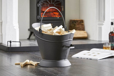 Heavy Duty Steel Fireside Waterloo Bucket Fireplace Coal Scuttle Fuel Ash Wood Log Storage Holder Hod Matte Black - FIRE122