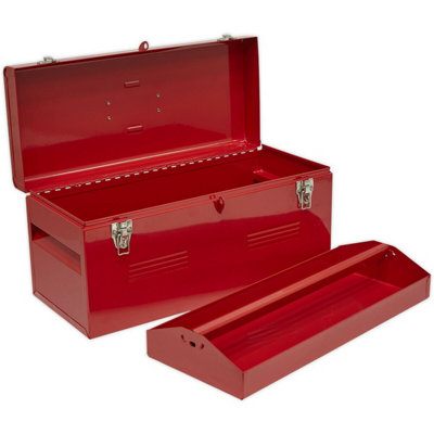 Heavy Duty Steel Tool Box with Tote Tray - Portable Storage Case for Tools