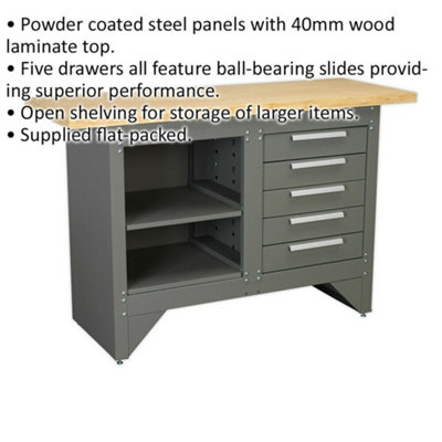 Heavy Duty Steel Workbench - Shelf & 5 Draw Storage - Wooden Work Top Station