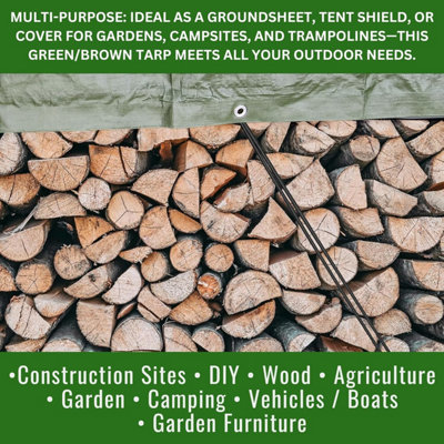 Heavy Duty Tarpaulin 220GSM Waterproof Green Brown Reinforced Eyelets ...