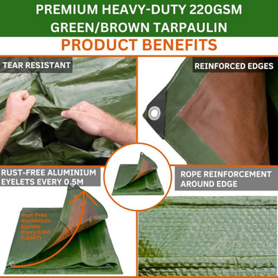 Heavy Duty Tarpaulin 220GSM Waterproof Green Brown Reinforced Eyelets ...