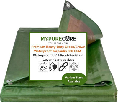 Heavy Duty Tarpaulin 220GSM Waterproof Green Brown Reinforced Eyelets 5m x 8m