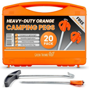 Heavy Duty Tent Pegs (20cm) Metal Pegs for Hard Ground with Case & Remover Galvanized Camping Pegs - Orange