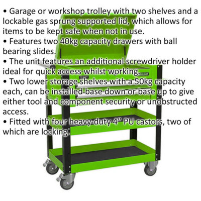 Heavy Duty Tool & Parts Trolley - 925 x 440 x 900mm - Lockable Top - Green