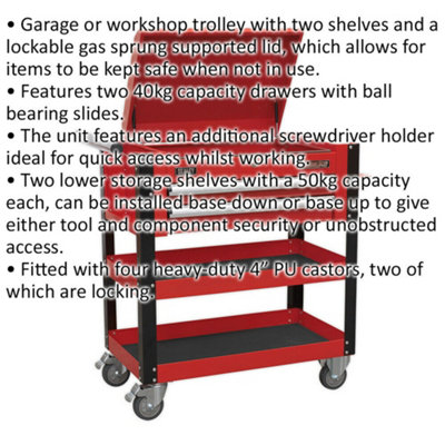 Heavy Duty Tool & Parts Trolley - 925 x 440 x 900mm - Lockable Top - Red