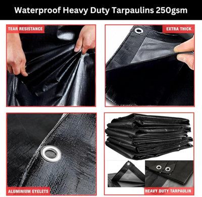 Heavy Duty Waterproof Tarpaulin Black Tarp for Outdoor Protection Durable Groundsheet Tent Shield Trailer Trampoline Cover 6m x 8m - 3