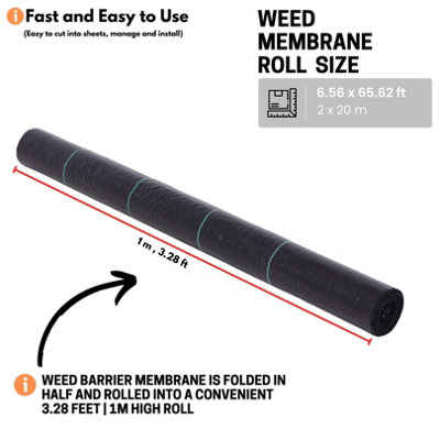 Heavy Duty Weed Membrane - Roll Size (2 x 20m) - Weed Control Membrane Ground Cover for Landscape Gardening and Flower Beds - 3