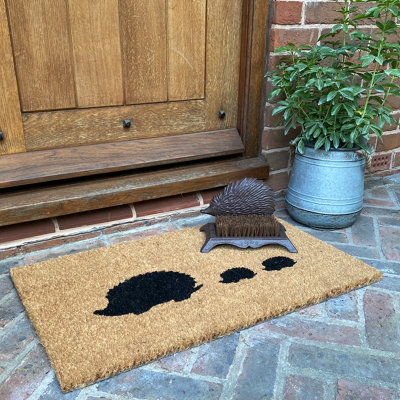 Hedgehog Coir Doormat and Cast Iron Boot Brush Set