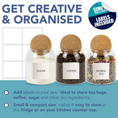 HEFTMAN Glass Jars with Cork Lids Coffee Tea Sugar Canisters Set of 3 500ml