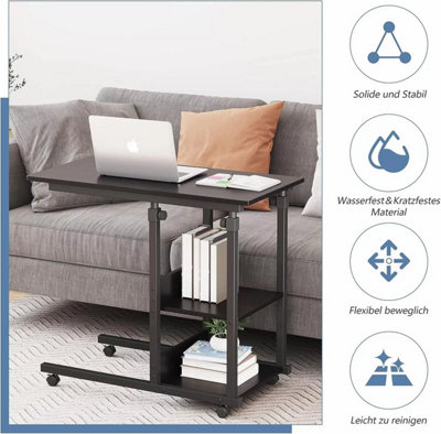 Height Adjustable End Table, C Shaped Laptop Side Table with Wheels,Black
