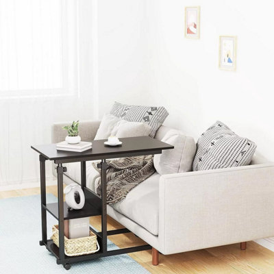 Height Adjustable End Table, C Shaped Laptop Side Table with Wheels,Black