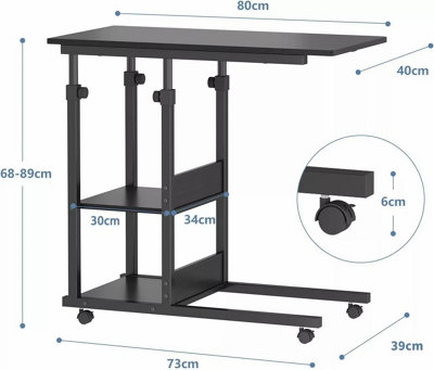 Height Adjustable End Table, C Shaped Laptop Side Table with Wheels,Black