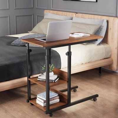Height Adjustable End Table, C Shaped Laptop Side Table with Wheels,Walnut