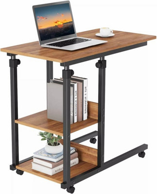 Height Adjustable End Table, C Shaped Laptop Side Table with Wheels,Walnut
