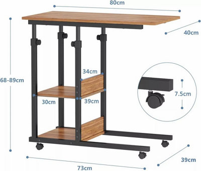 Height Adjustable End Table, C Shaped Laptop Side Table with Wheels,Walnut