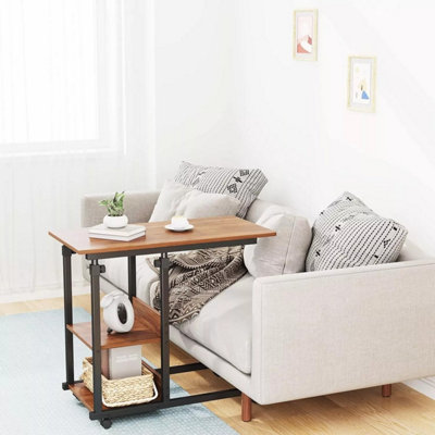 Height Adjustable End Table, C Shaped Laptop Side Table with Wheels,Walnut