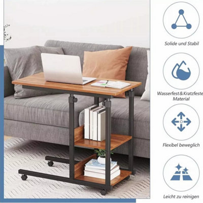 Height Adjustable End Table, C Shaped Laptop Side Table with Wheels,Walnut