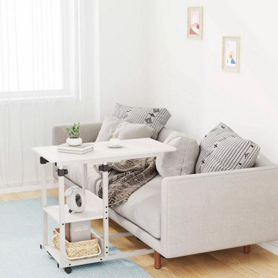 Height Adjustable End Table, C Shaped Laptop Side Table with Wheels,White