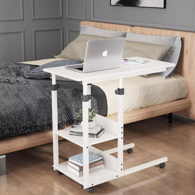 Height Adjustable End Table, C Shaped Laptop Side Table with Wheels,White