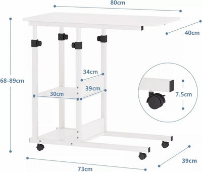 Height Adjustable End Table, C Shaped Laptop Side Table with Wheels,White