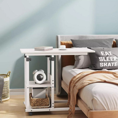 Height Adjustable End Table, C Shaped Laptop Side Table with Wheels,White
