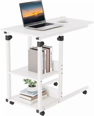 Height Adjustable End Table, C Shaped Laptop Side Table with Wheels,White