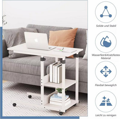 Height Adjustable End Table, C Shaped Laptop Side Table with Wheels,White